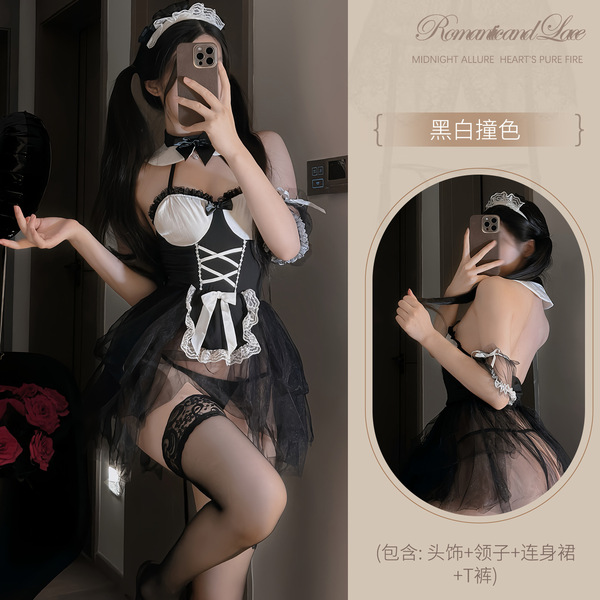 Sexy Lace Maid Costume Set - Sheer Mesh Erotic Lingerie Outfit with Peekaboo Cutouts - Y037