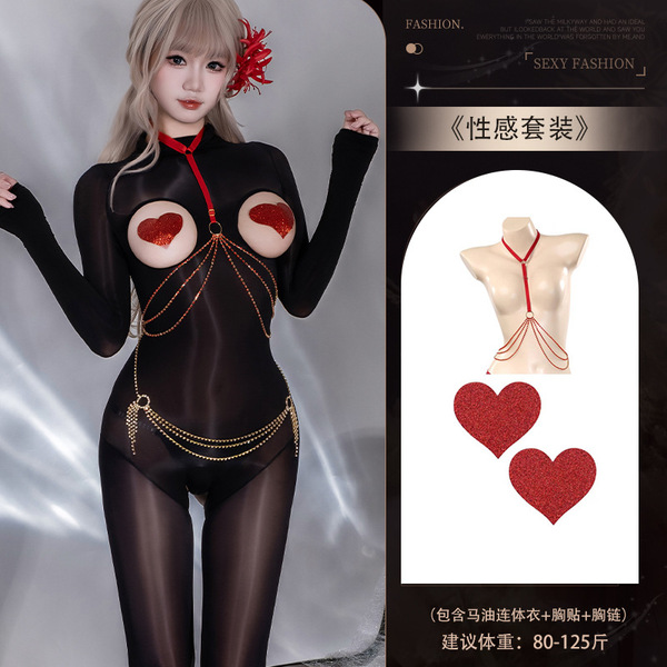 Guiyun Sexy Sheer Shiny Bodysuit - Ultra-Thin Oil-Shine Black Fishnet Tights with Open-Crotch & Seamless Chest Cutout - Y045 Set + [8123 Red Heart Nipple Covers + 8129 Red Bra Chain]