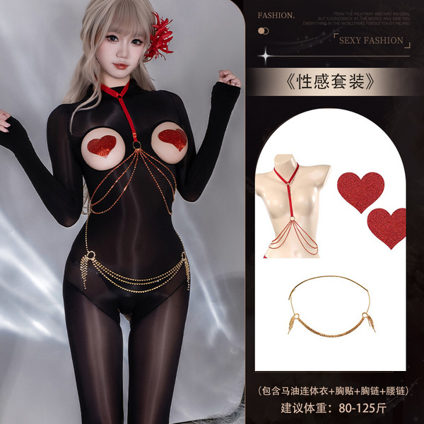 Guiyun Sexy Sheer Shiny Bodysuit - Ultra-Thin Oil-Shine Black Fishnet Tights with Open-Crotch & Seamless Chest Cutout - Y045 Set + [8123 Red Heart Nipple Covers + 8129 Red Breast Chain + Waist Chain]