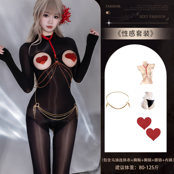 Guiyun Sexy Sheer Shiny Bodysuit - Ultra-Thin Oil-Shine Black Fishnet Tights with Open-Crotch & Seamless Chest Cutout - Y045 Set + [8123 Red Heart Nipple Covers + 8129 Red Bra Chain + Waist Chain + N74 Rhinestone Panties]