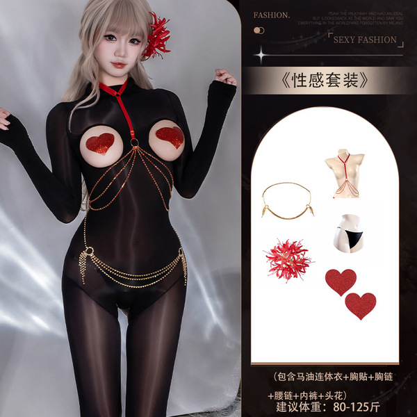Guiyun Sexy Sheer Shiny Bodysuit - Ultra-Thin Oil-Shine Black Fishnet Tights with Open-Crotch & Seamless Chest Cutout - Y045 Set + [8123 Red Heart Nipple Covers + 8129 Red Bra Chain + Waist Chain + N74 Rhinestone Panties + 8110 Hair Flower]