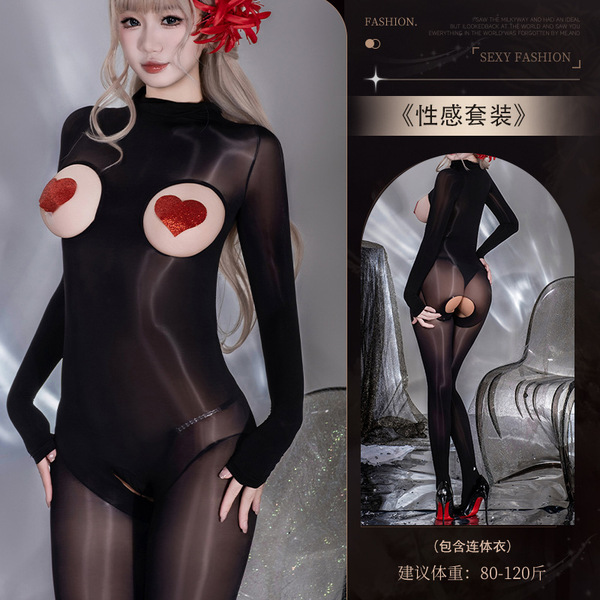Guiyun Sexy Sheer Shiny Bodysuit - Ultra-Thin Oil-Shine Black Fishnet Tights with Open-Crotch & Seamless Chest Cutout - Y045 Black [Glossy Bodysuit]