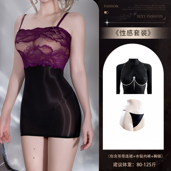 Sexy Shiny Lace Tube Top Bodycon Dress - Sheer Smooth Mirror-Finish Lingerie for Women - Y049 Set + [N74 Rhinestone Panties + 8113 Chest Chain]