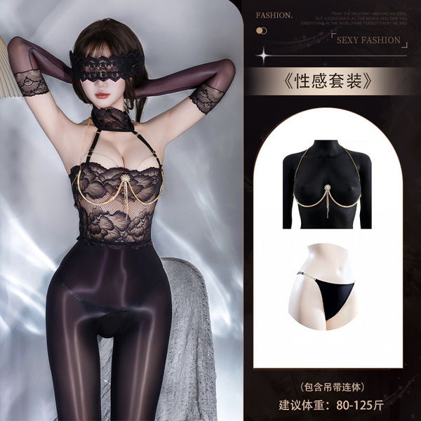 Sexy Lace Bodysuit with Sheer Stockings - Plus Size Open-Crotch Erotic Pantyhose for Women - Y051 Black Bodysuit + [N74 Panties + 8113 Underwire Bra Chain]