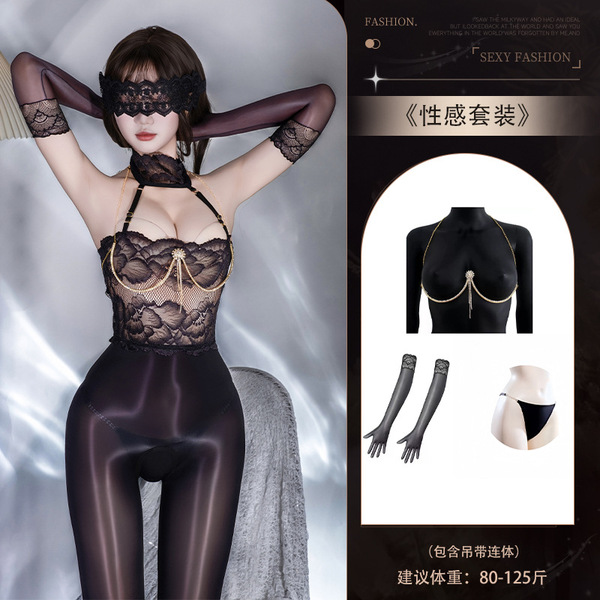 Sexy Lace Bodysuit with Sheer Stockings - Plus Size Open-Crotch Erotic Pantyhose for Women - Y051 Black Bodysuit + [N74 Underwear + 8113 Underwire Bra Chain + 8084 Glossy Gloves]