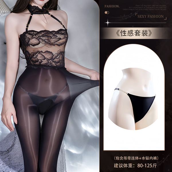 Sexy Lace Bodysuit with Sheer Stockings - Plus Size Open-Crotch Erotic Pantyhose for Women - Y051 Black Bodysuit + [N74 Underwear]