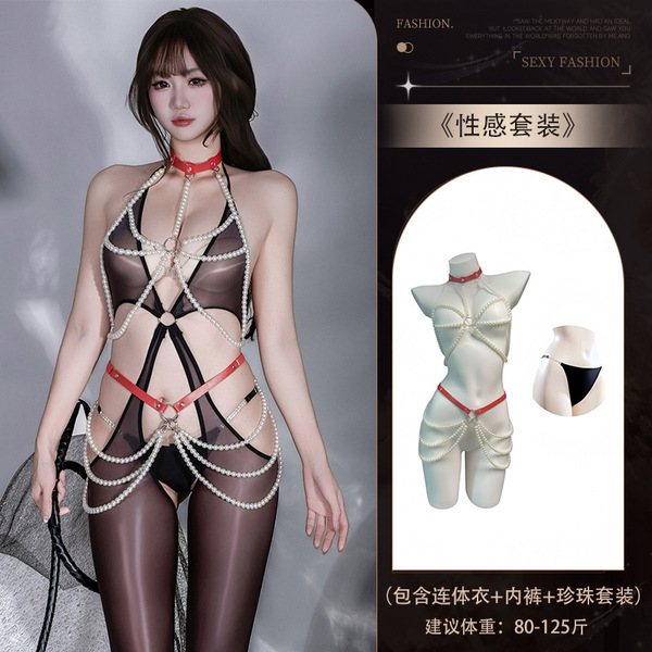 Seductive Sheer Lace Bodysuit for Women – High-Elastic Pearl-Embellished Open-Crotch Bodycon Outfit - Y055 Black [Hollowed-out Horse-Enamel Bodysuit + 4039 Pearl Set + Underwear]