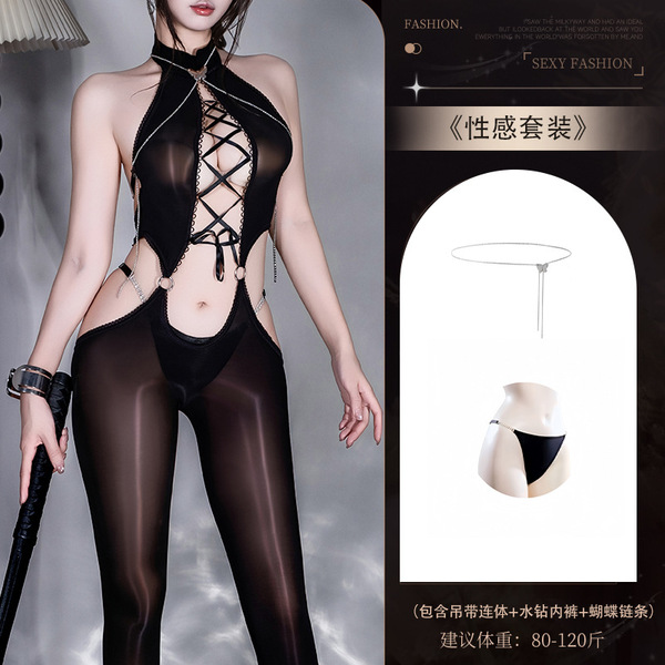 Shiny Oil-Sheen Lace Bodysuit Set with Adjustable Chain Strap & Backless Cutout Design - Y056 Black Glossy Bodysuit + [N74 Underwear + 8125 Butterfly Chain]