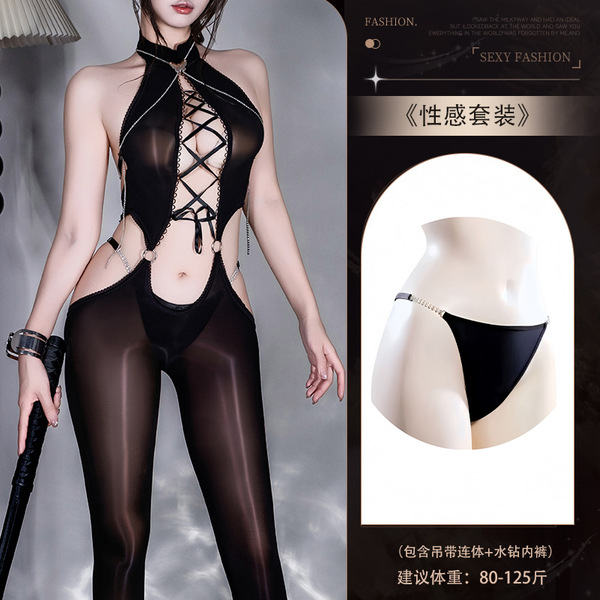 Shiny Oil-Sheen Lace Bodysuit Set with Adjustable Chain Strap & Backless Cutout Design - Y056 Black Glossy Bodysuit + [N74 Underwear]