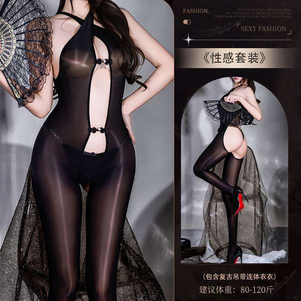 6D Marula Oil Cross-Back Bodysuit - Shiny Black Lace Sexy Uniform Outfit with Open-Crotch Design - Y057 Set [Cross-Strap Bodysuit]
