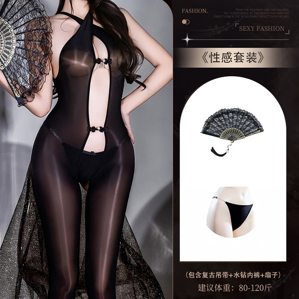 6D Marula Oil Cross-Back Bodysuit - Shiny Black Lace Sexy Uniform Outfit with Open-Crotch Design - Y057 Set + [N74 Rhinestone Underwear + 8121 Fan]
