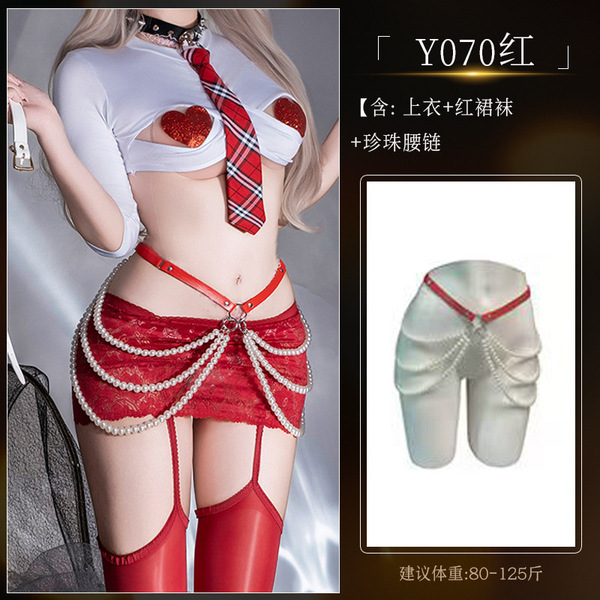 Lace Bodysuit with Sheer Stockings - Sexy Oil-Shine Uniform Set, Open-Crotch Design, Plus Size & Silky Smooth - Y070 White and Red Set [+4039 Pearl Waist Chain]