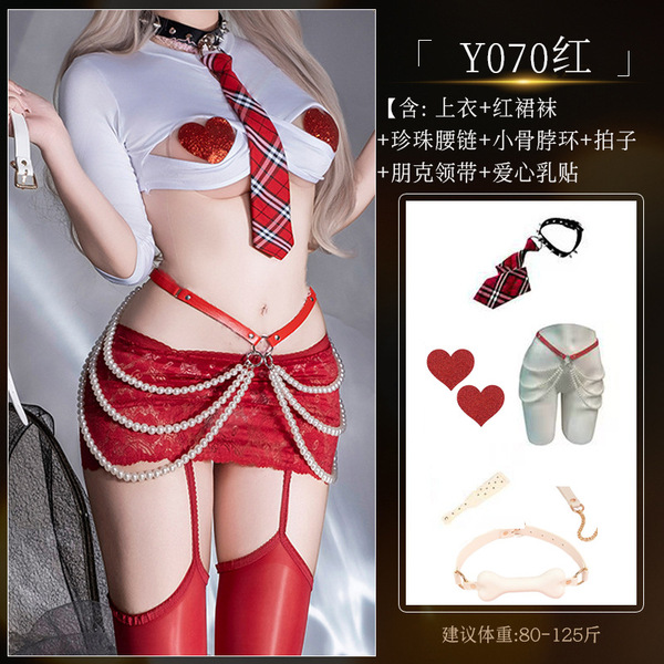 Lace Bodysuit with Sheer Stockings - Sexy Oil-Shine Uniform Set, Open-Crotch Design, Plus Size & Silky Smooth - Y070 White and Red Suit [+4039 Pearl Waist Chain +8126 Punk Tie +8123 Heart-Shaped Nipple Covers]