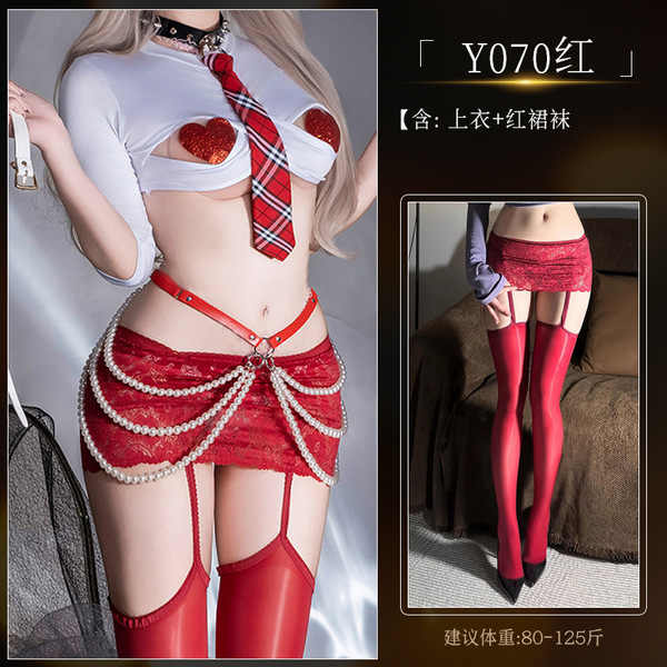 Lace Bodysuit with Sheer Stockings - Sexy Oil-Shine Uniform Set, Open-Crotch Design, Plus Size & Silky Smooth - Y070 White and Red Suit Set [Top + Red Skirt and Stockings]
