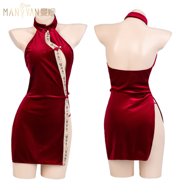 Manyan mandarin-inspired vintage velvet cheongsam dress featuring high slit and mandarin collar, sensual design perfect for w...