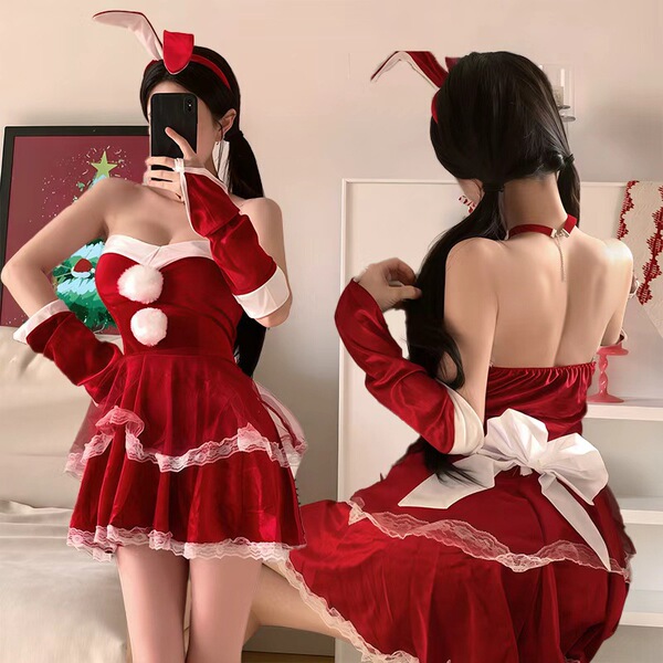 Red sexy bodycon mini dress with bunny ears, perfect for y2k holiday outfits, offering cute & seductive design