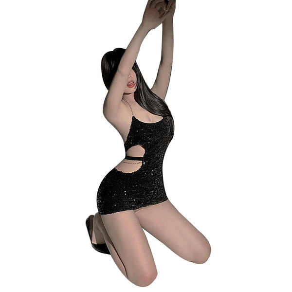 Sexy black sequined crop top with halter neck and cut-out design, paired with matching bodycon mini skirt set for nightclub o...