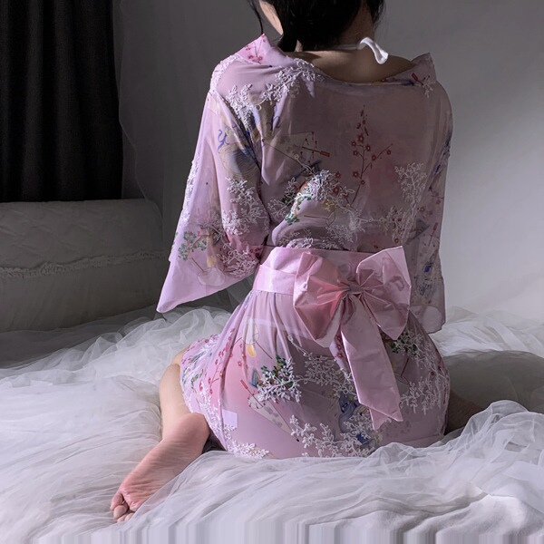 Japanese kimono-inspired lace sleepwear set - sheer sexy y2k lingerie bodysuit & matching briefs, featuring delicate floral p...