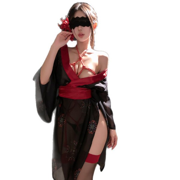 Sexy japanese kimono print black sleepwear set featuring bold red accents and floral patterns, perfect for a daring night out...
