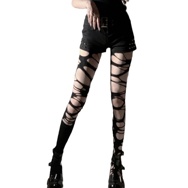 Edgy black thigh-high socks with ripped design and lace-up detail, perfect for bold fashion statements.