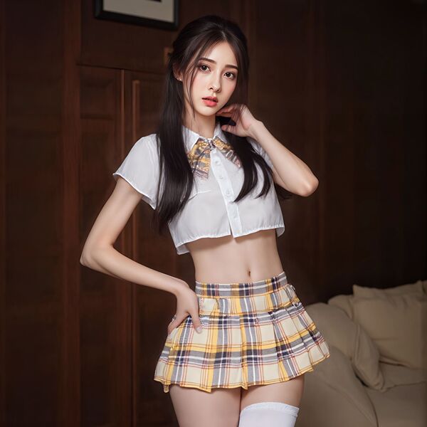 Japanese-Style Busty JK Uniform Set for Women – Waist-Revealing Pleated Skirt & Matching Top, No-Remove Lingerie Outfit - Yamabuki 14