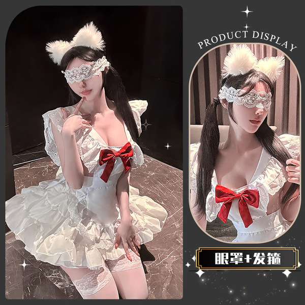 QingShe Soft Cute Lingerie Set - Bowknot Maid-Inspired Pure & Tempting Lolita Erotic Underwear for Women - Cherry Blossom and Jasmine Knot ~ [Apron + Tutu + Eye Mask + Headband]
