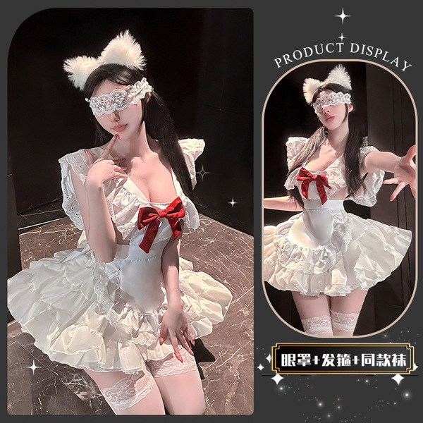QingShe Soft Cute Lingerie Set - Bowknot Maid-Inspired Pure & Tempting Lolita Erotic Underwear for Women - Cherry Blossom and Jasmine Knot ~ [Apron + Tutu + Eye Mask + Headband + Matching Socks]