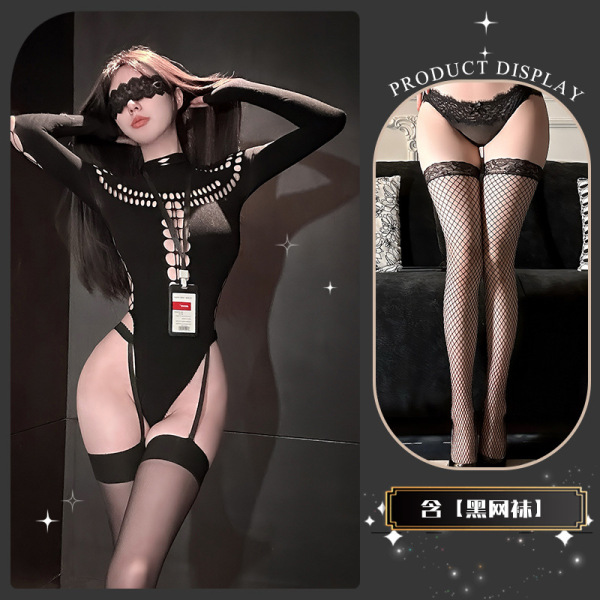 Chao Mu Qing Qu Sensual Knit Mesh Bodysuit - Pure Temptation Lingerie, Ascetic Style Erotic Outfit - Smoky Twilight Weaving ~ + Black Fishnet Stockings