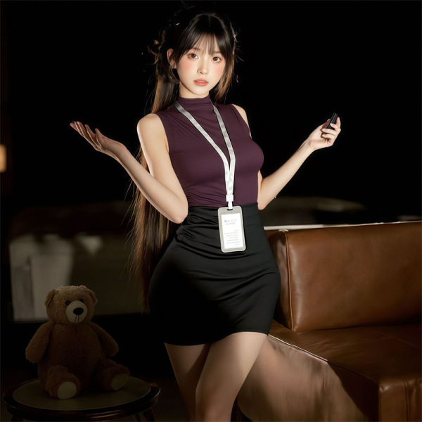 Pure & Seductive Secretary Skirt Set - Air Hostess Costume, Nightclub No-Remove Lingerie Outfit, Modest Yet Alluring - Yangmei purple + model's black open-crotch stockings