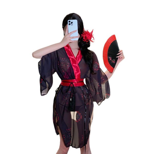 A woman poses with a smartphone, wearing a sheer hanfu-inspired erotic robe in black with red accents. she holds a red and bl...