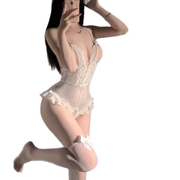 Woman wearing yaqin sexy lace bodysuit with open-crotch design, sheer mesh fabric, and waist-cinching fit for alluring nightw...