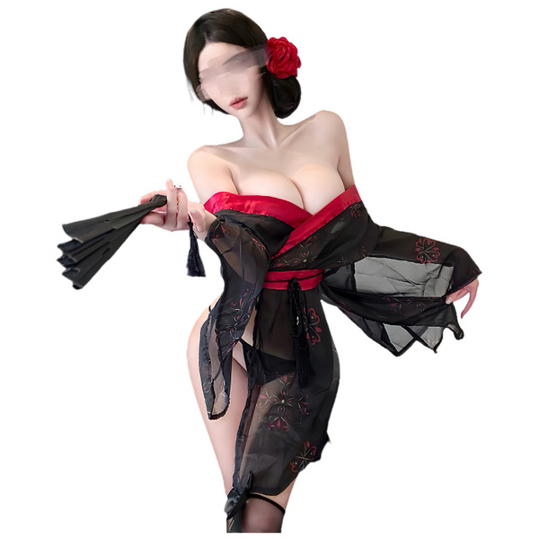 Vintage-inspired sensual lingerie set featuring a floral print japanese kimono-style design, removable and perfect for bedroo...