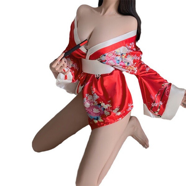 Elegant red yasamii kimono lingerie set with floral patterns, perfect for adult role play and cosplay.