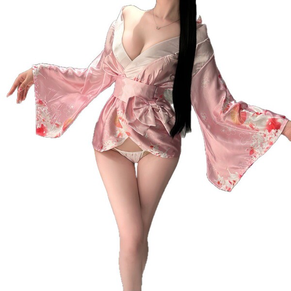 A woman models the yasise night fantasy lingerie, featuring a deep v neckline and a kimono-style robe with retro floral patte...