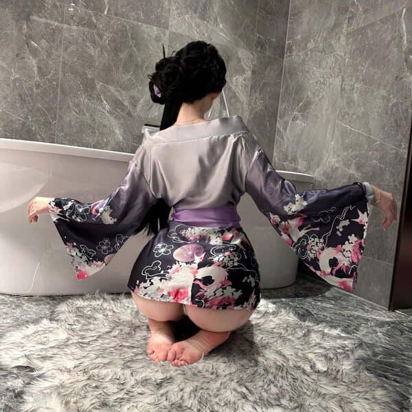 A woman wears a yasise sexy deep v anime kimono lingerie set, featuring a floral design and silky fabric, perfect for japanes...