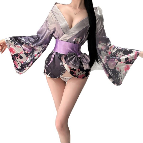 Sexy deep v design anime kimono lingerie set featuring floral patterns, perfect for japanese school uniform sleepwear with a ...