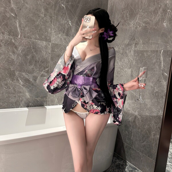 A woman poses in a bathroom wearing a yasisei cosplay lingerie set, featuring a floral-patterned anime fox dream kimono robe ...