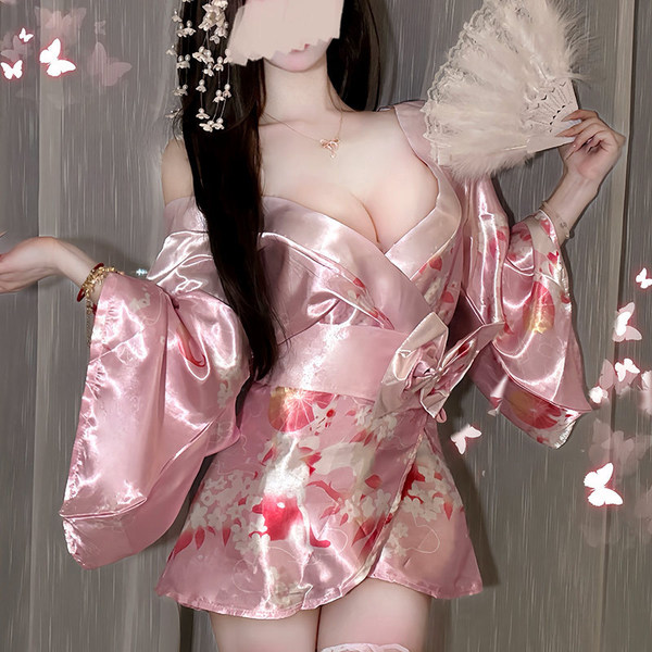 Elegant pink kimono with floral patterns, deep v-neck design, perfect for anime-inspired sleepwear. features delicate feather...