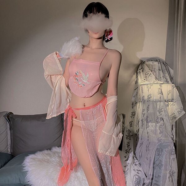 Vintage Chinese-Style Lingerie Set - Plus Size Silk Qipao Role Play Outfit for Sensual & Elegant Wear - Yu Yan [Outerwear + Bellyband + Striped Skirt + Underwear]
