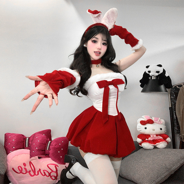 Sexy new year bunny costume for women, featuring red velvet material with festive design, perfect holiday outfit.