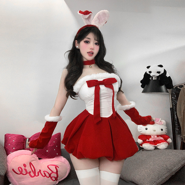 Sexy new year outfit featuring a red velvet bunny costume with fluffy ears, bow tie, and gloves, perfect for festive celebrat...