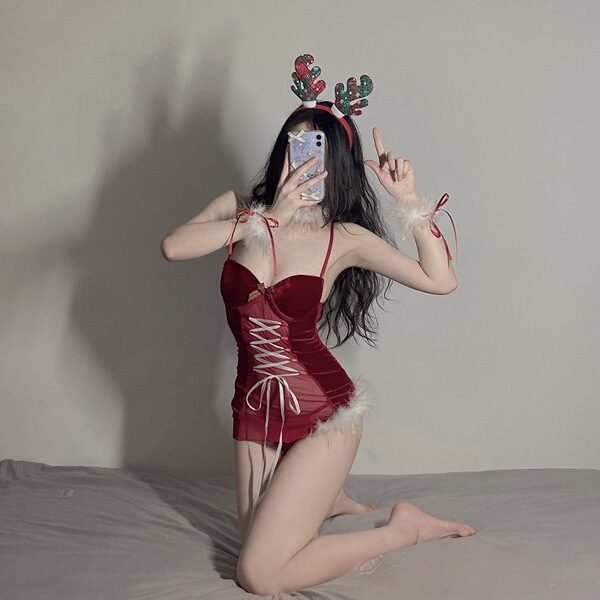 Sexy red lace bunny costume featuring sheer velvet mesh, fluffy trim, and adjustable straps.