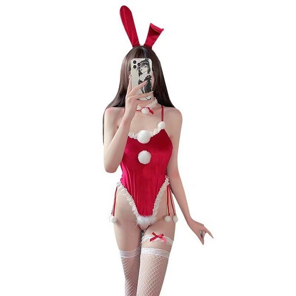 Sexy bunny costume bodysuit with open crotch design, perfect for new year and christmas role play outfits.