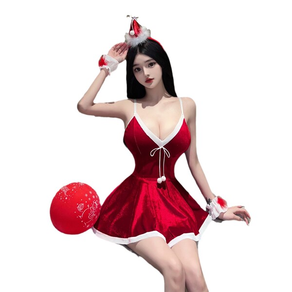 Sexy low-cut v-neck christmas costume dress with santa hat and balloon, festive night attire.
