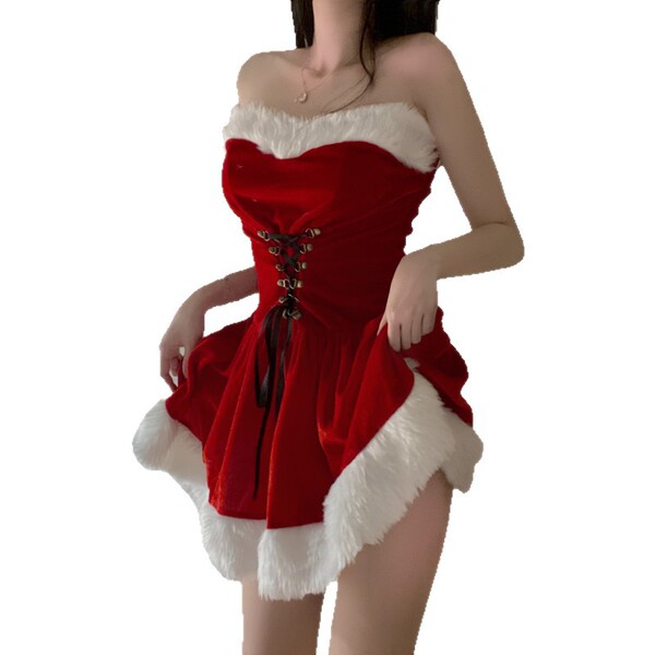 Sexy yet sweet holiday party dress featuring a festive red color with white fur trim and corset design, perfect for live stre...