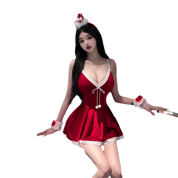 Sexy low-cut v-neck christmas costume dress with festive santa hat and cuffs, perfect for festive nights.