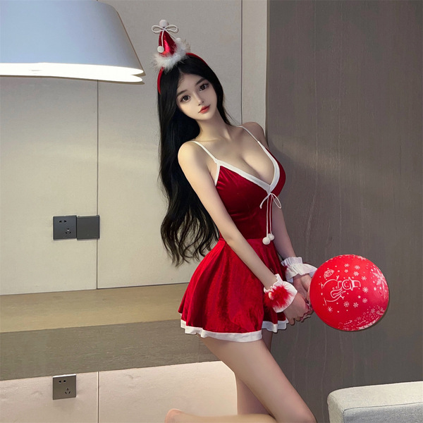 Sexy new year christmas costume lingerie dress - red v-neck strapless bodysuit with santa hat and balloon for festive occasio...