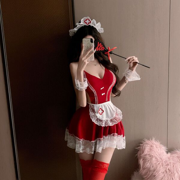 Sexy maid costume with red dress and white apron, perfect for role play and holiday fun.