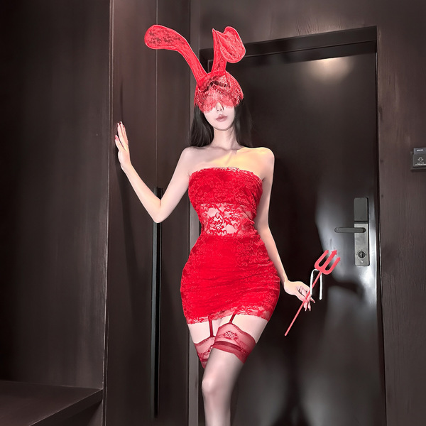 Sexy red lace corset mini dress with bunny ears and devil trident, perfect for new year eve party outfits.