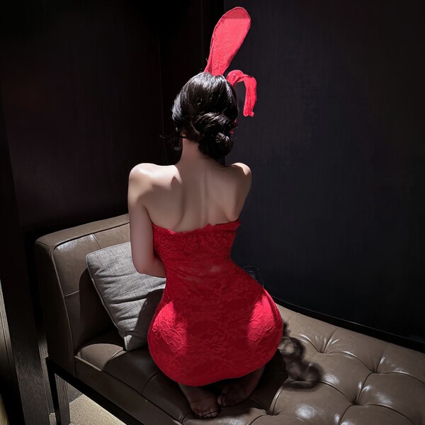 Sexy red lace corset mini dress with bunny ears, perfect for new year eve party outfits.